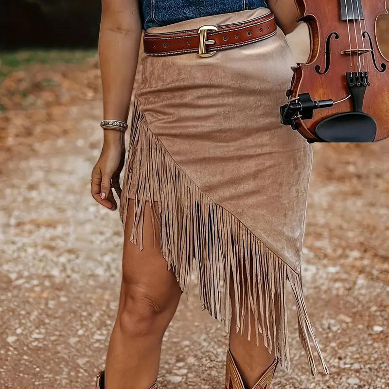 Boho Chic Vintage Suede Fringe Skirt