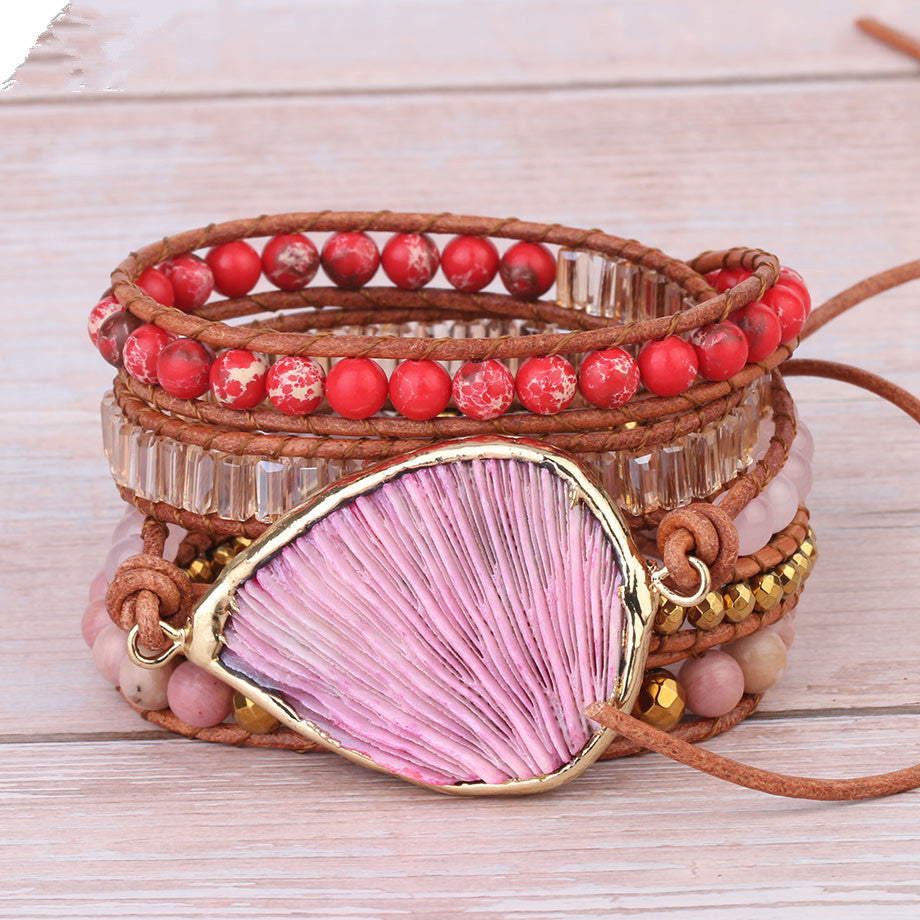 Pink Coral Boho Leather Bracelet