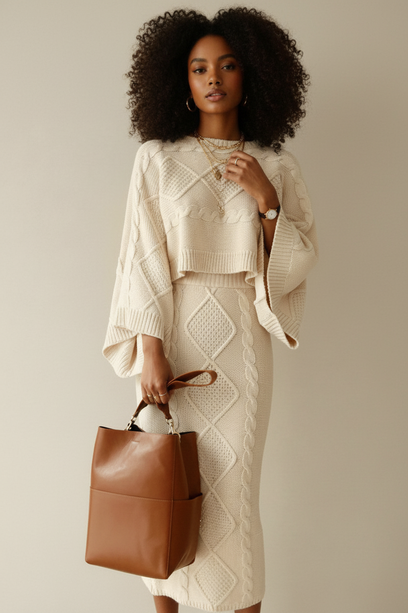 Model in cable knit set with fitted sleeves