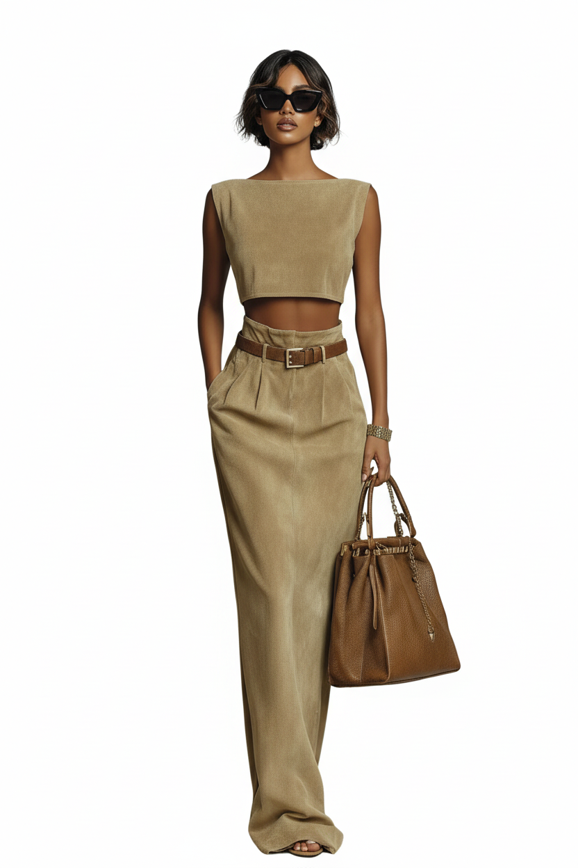 Model in taupe two-piece set
