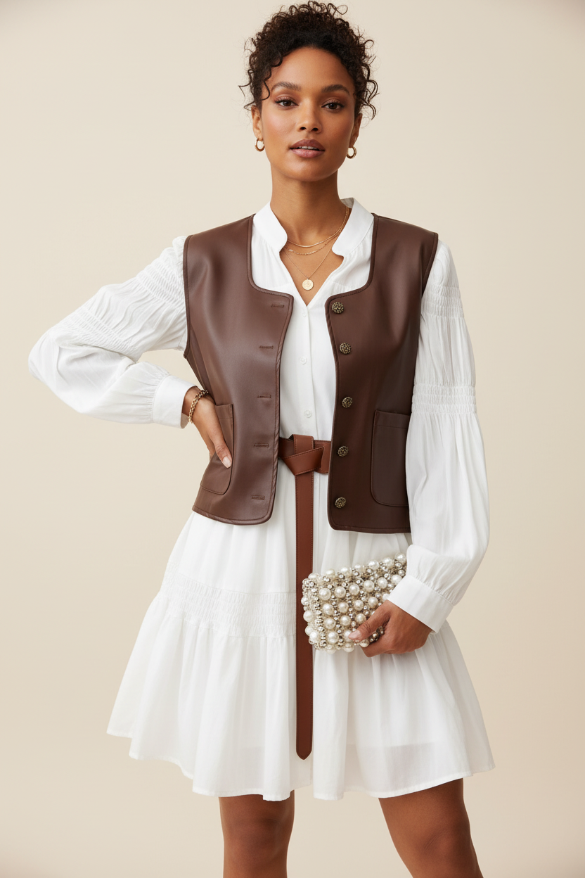 Model in white shirt and brown leather vest