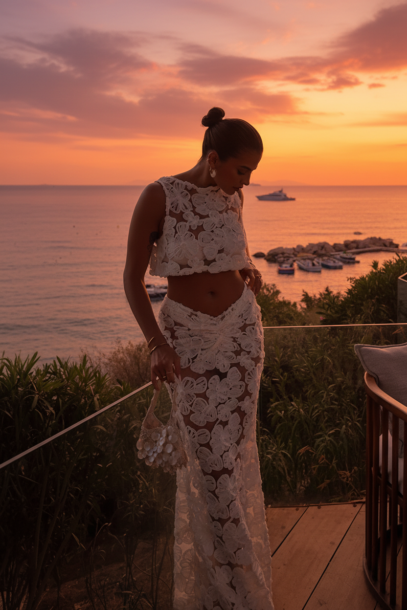 New model in white floral lace set